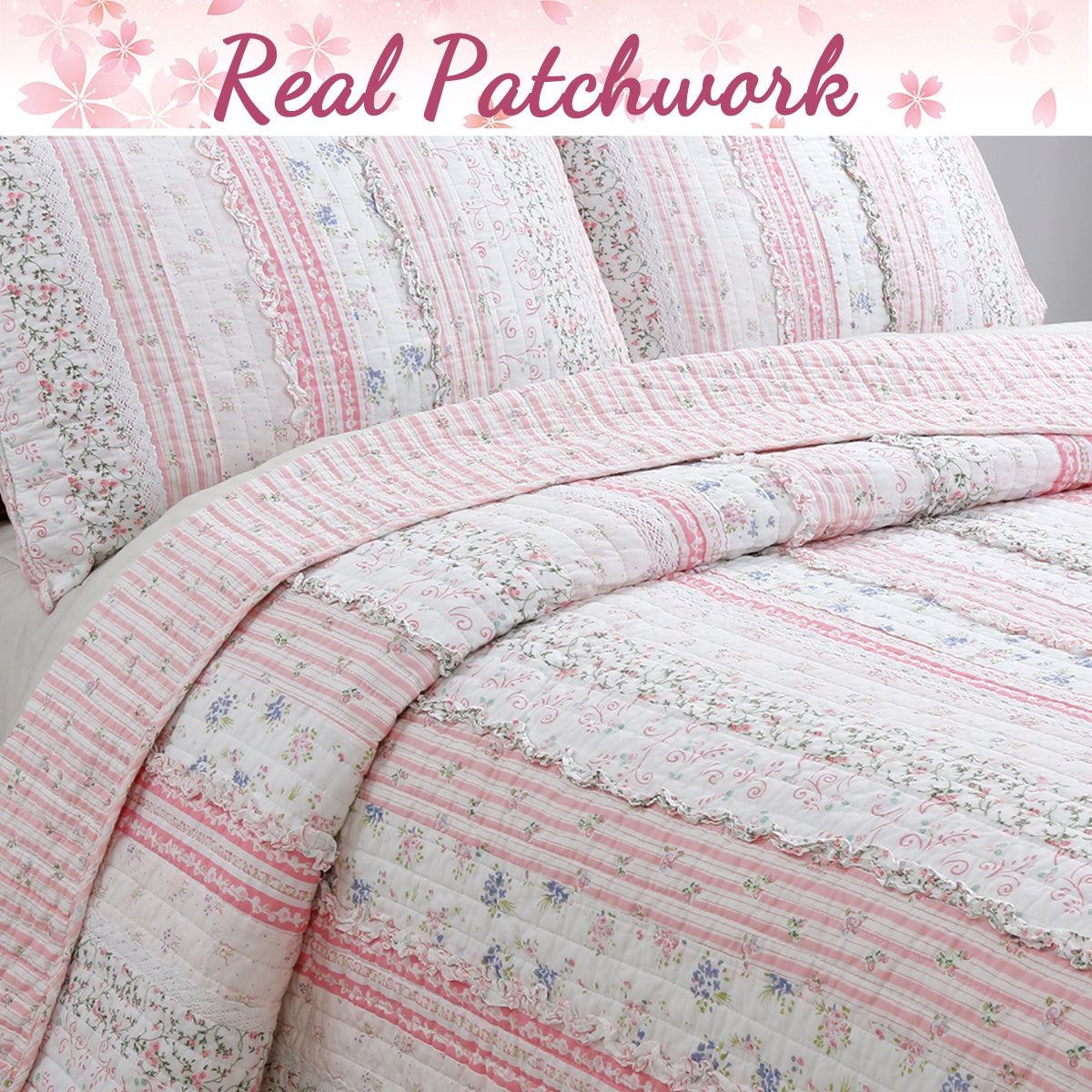 Pink Lace Ruffle Patchwork Quilt Bedding Set