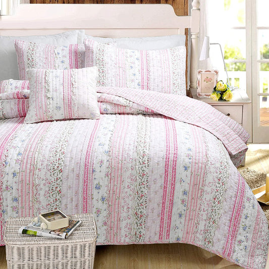 Pink Lace Ruffle Patchwork Quilt Bedding Set