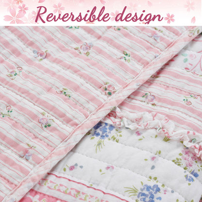 Pink Lace Ruffle Patchwork Quilt Bedding Set