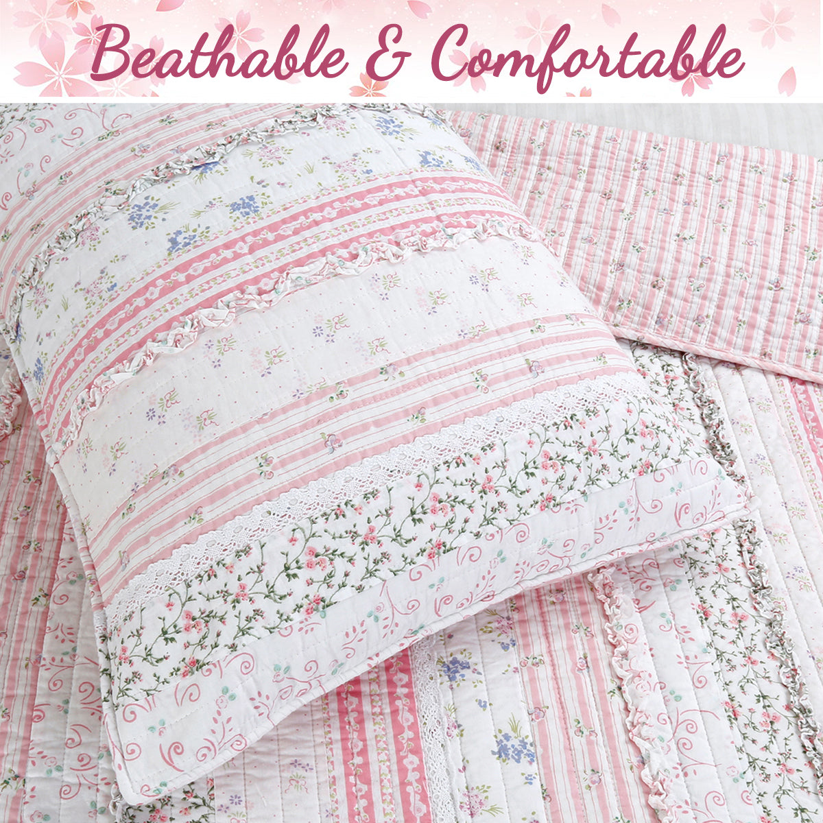 Pink Lace Ruffle Patchwork Quilt Bedding Set