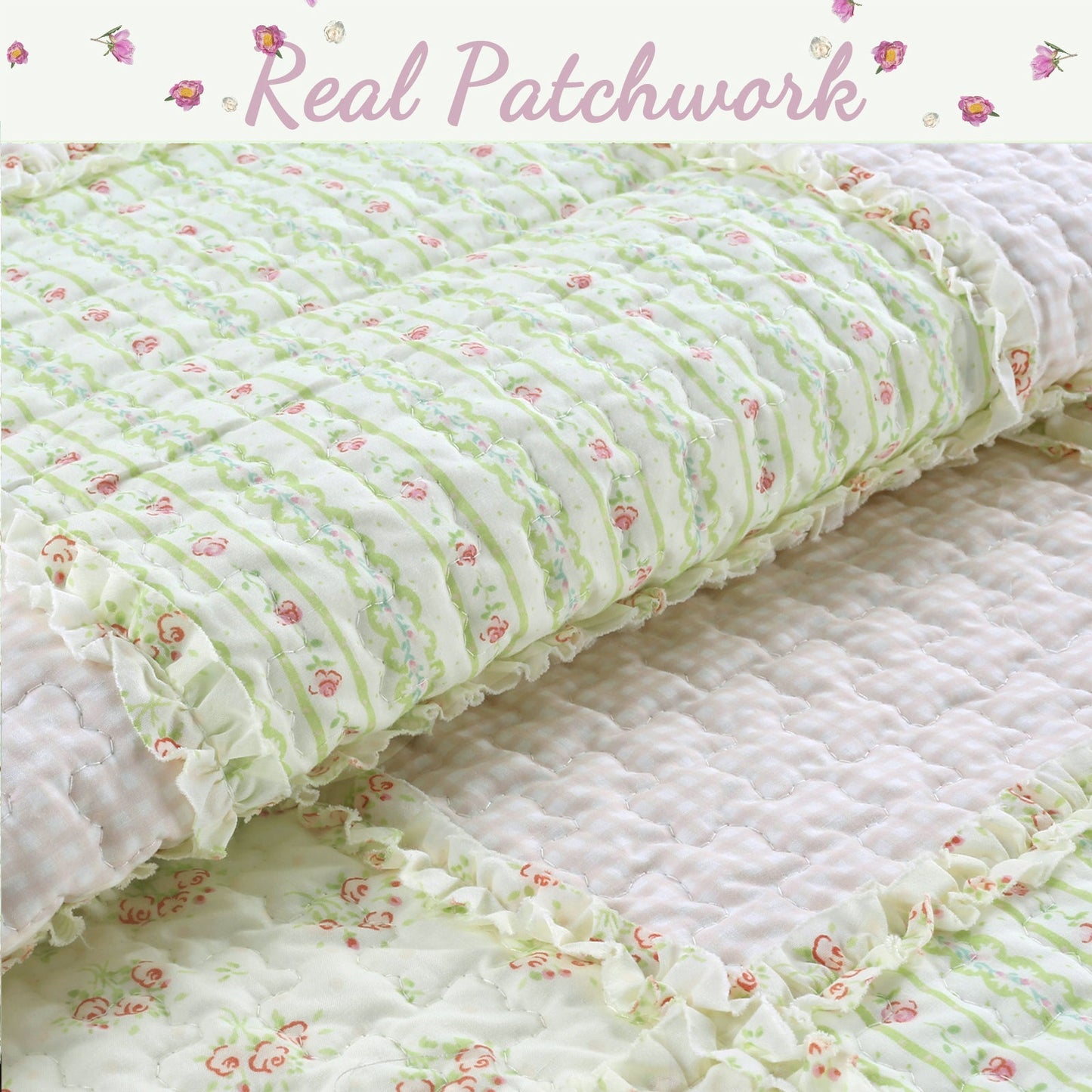 Sweet Peach Pink Floral Ruffle Quilt Bedding Set