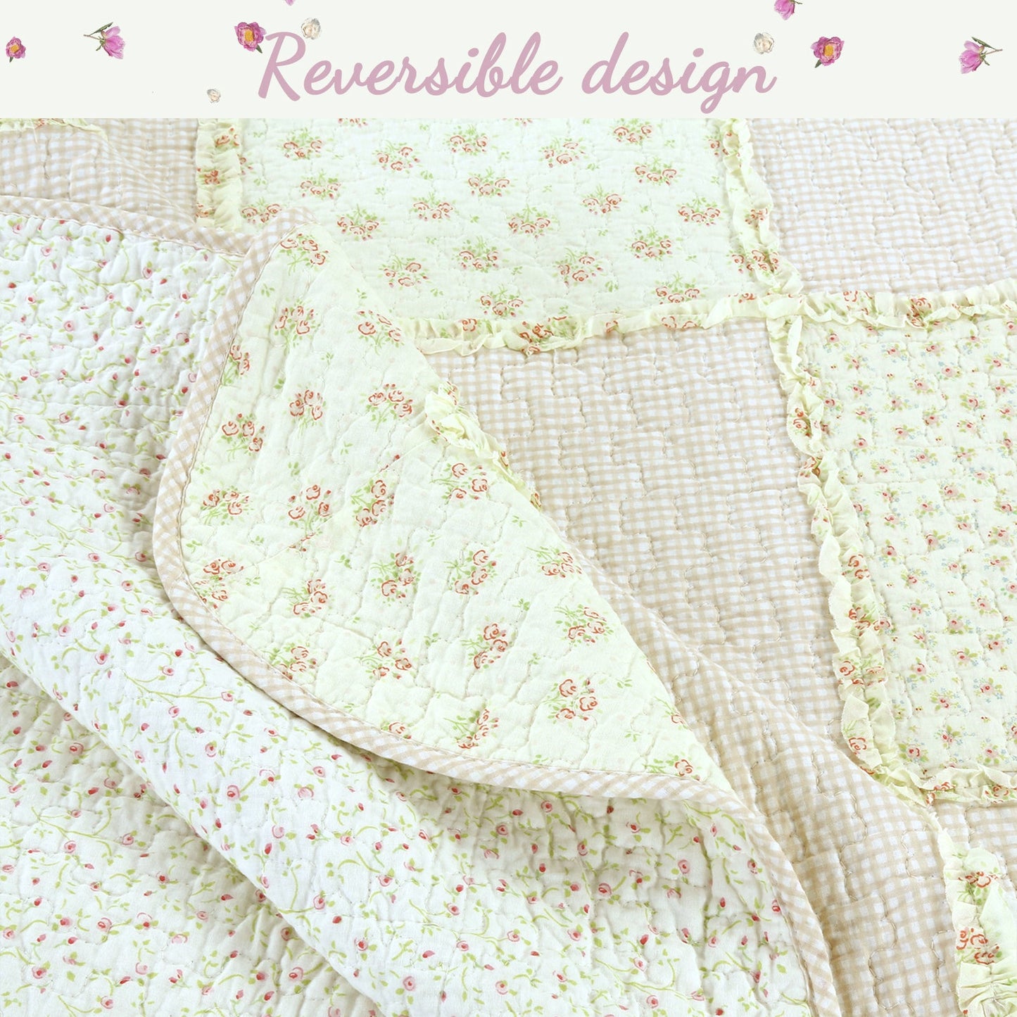 Sweet Peach Pink Floral Ruffle Quilt Bedding Set
