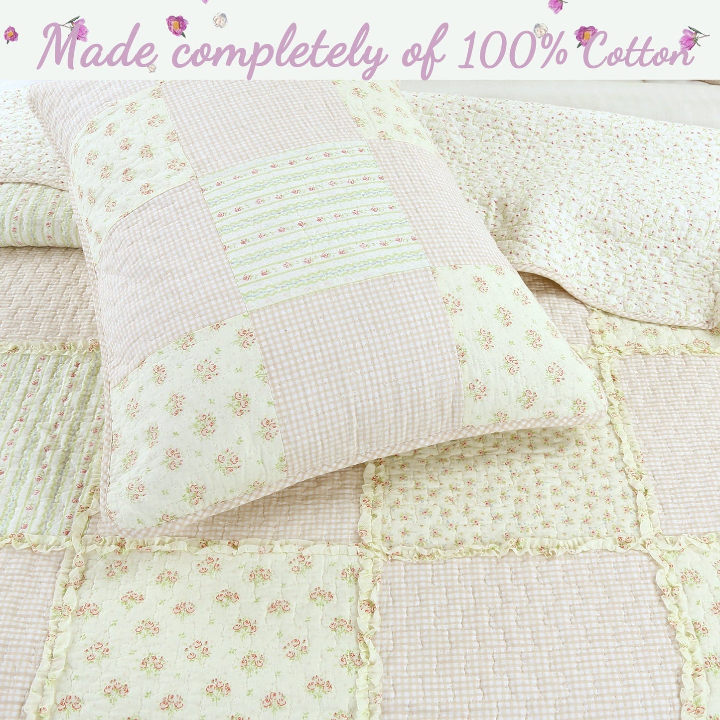 Sweet Peach Pink Floral Ruffle Quilt Bedding Set