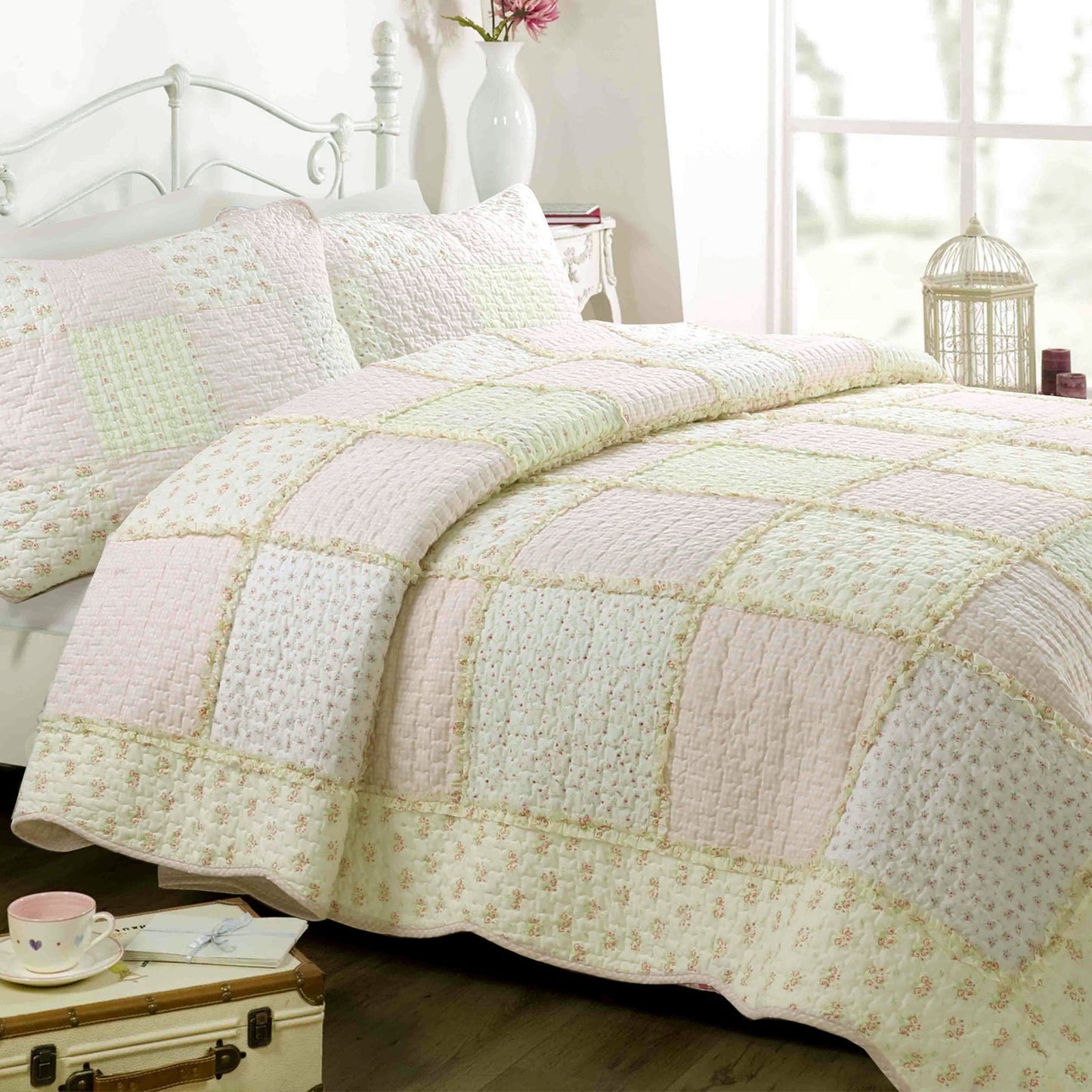 Sweet Peach Pink Floral Ruffle Quilt Bedding Set