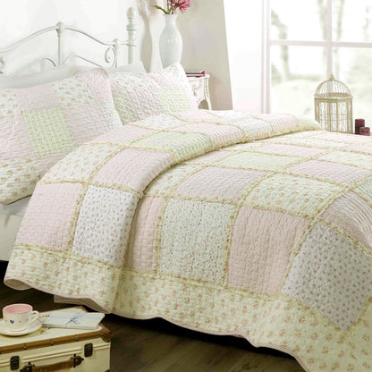 Sweet Peach Pink Floral Ruffle Quilt Bedding Set