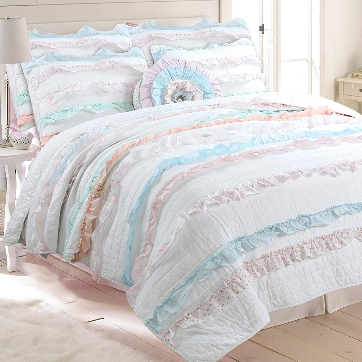 Devers Ruffles Cotton Reversible Quilt Bedding Set