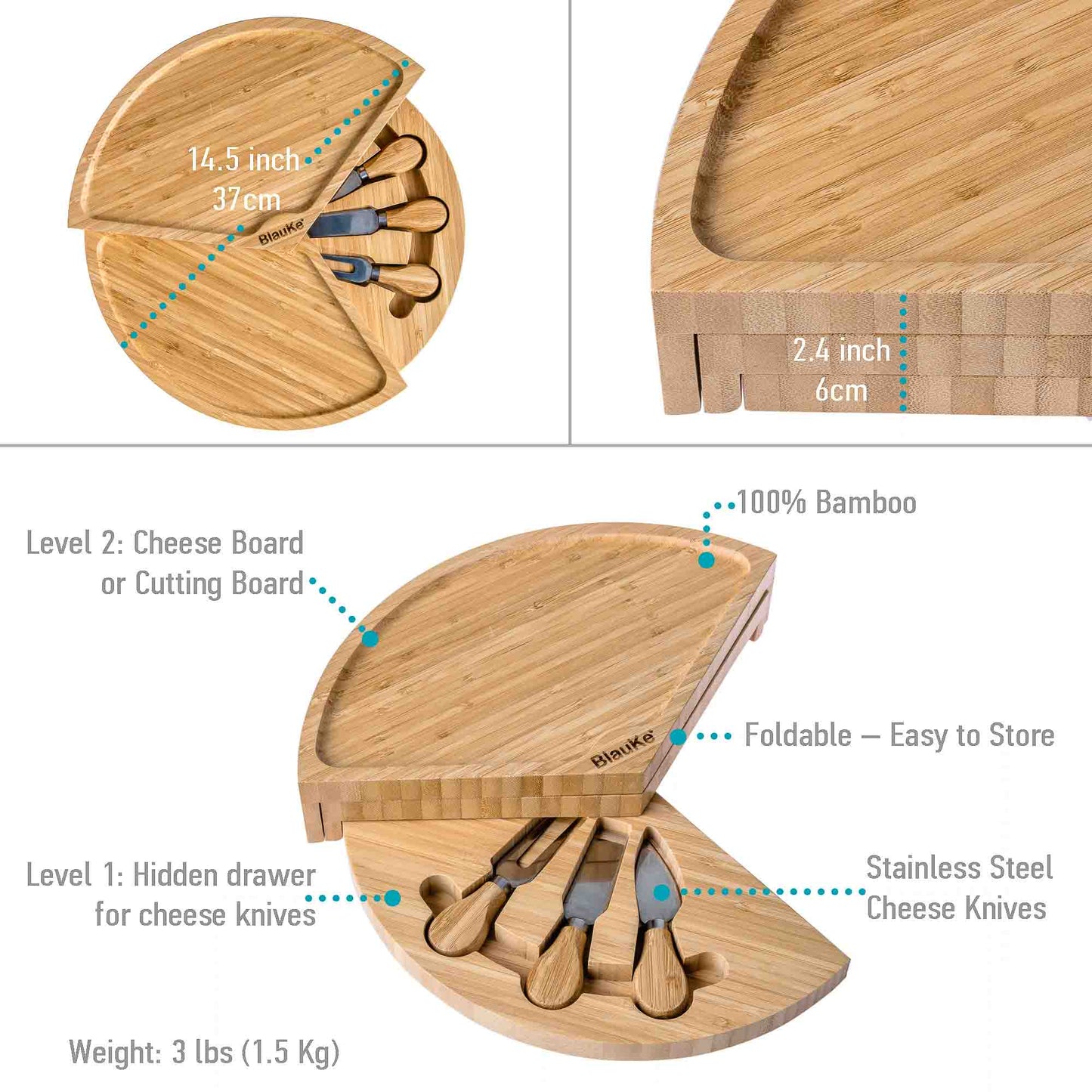 14-Inch Bamboo Cheese Board & Knife Set