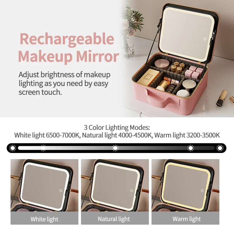 LED Light Makeup Bag with Mirror Vanity Organizer