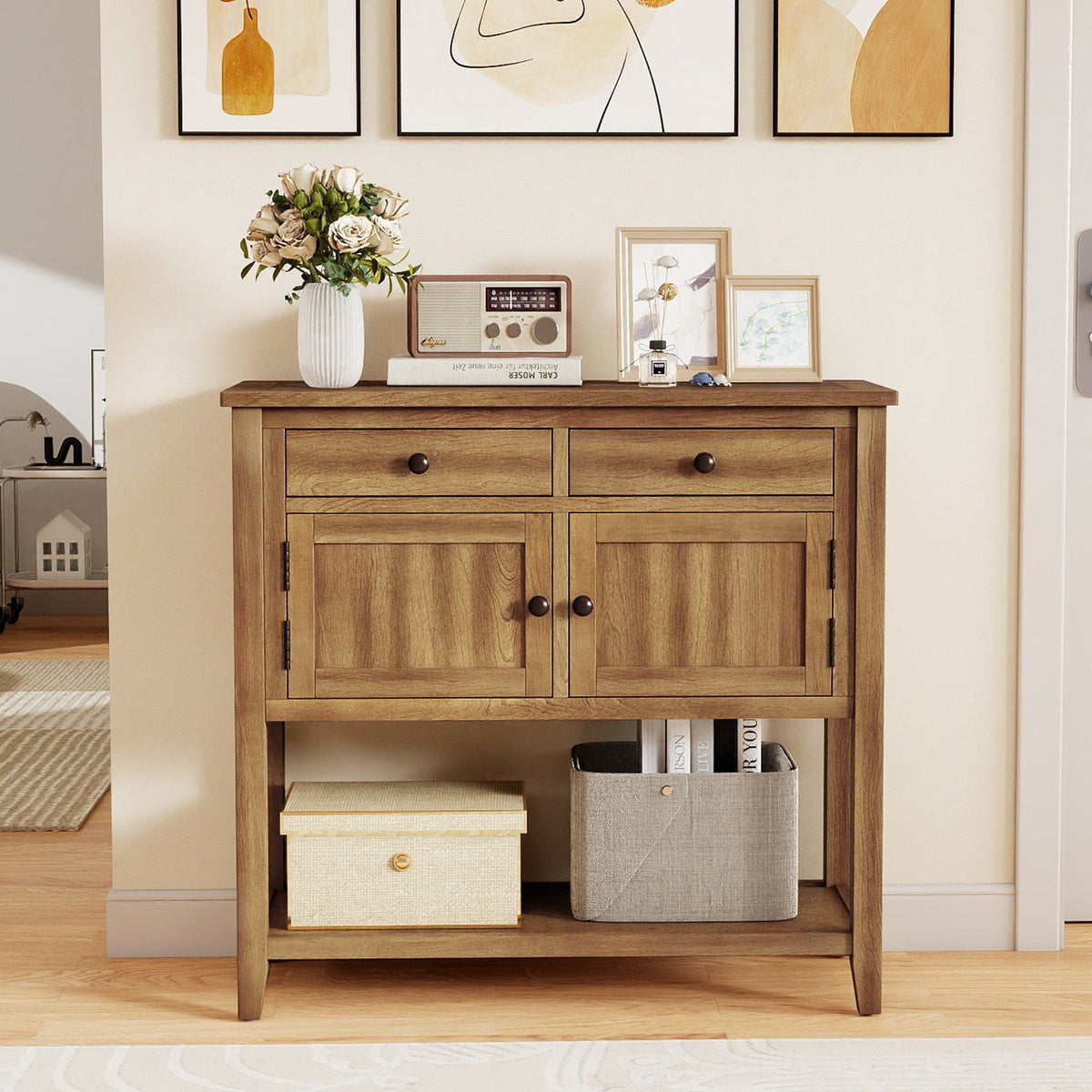 Mid-Century Walnut Console Table with 2 Drawers
