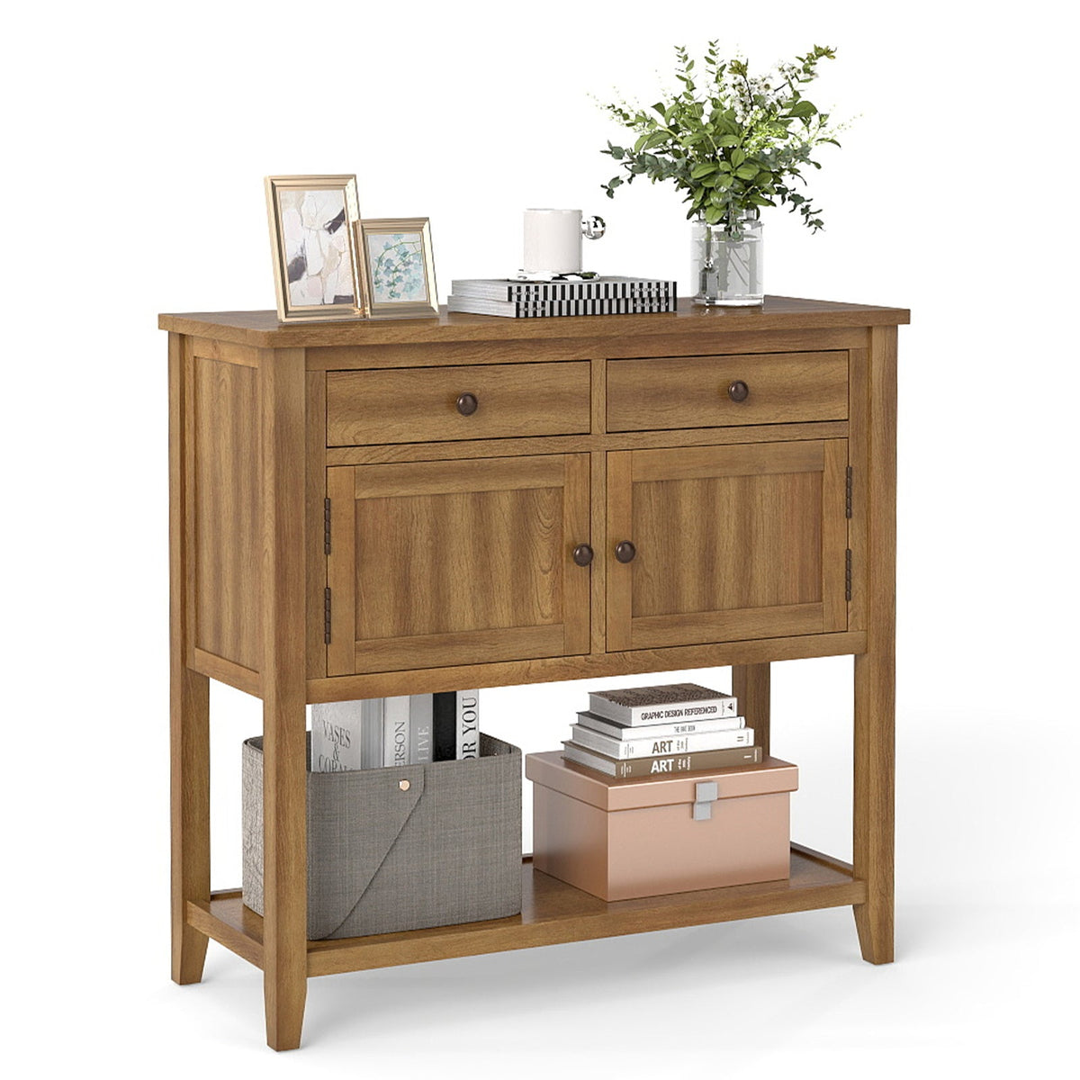 Mid-Century Walnut Console Table with 2 Drawers