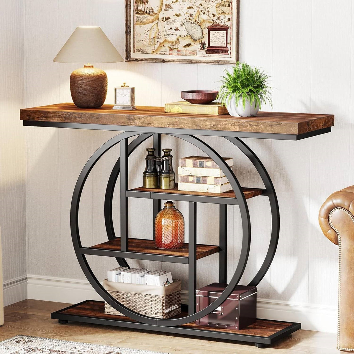 Modern Industrial Entryway Console Table with Shelves