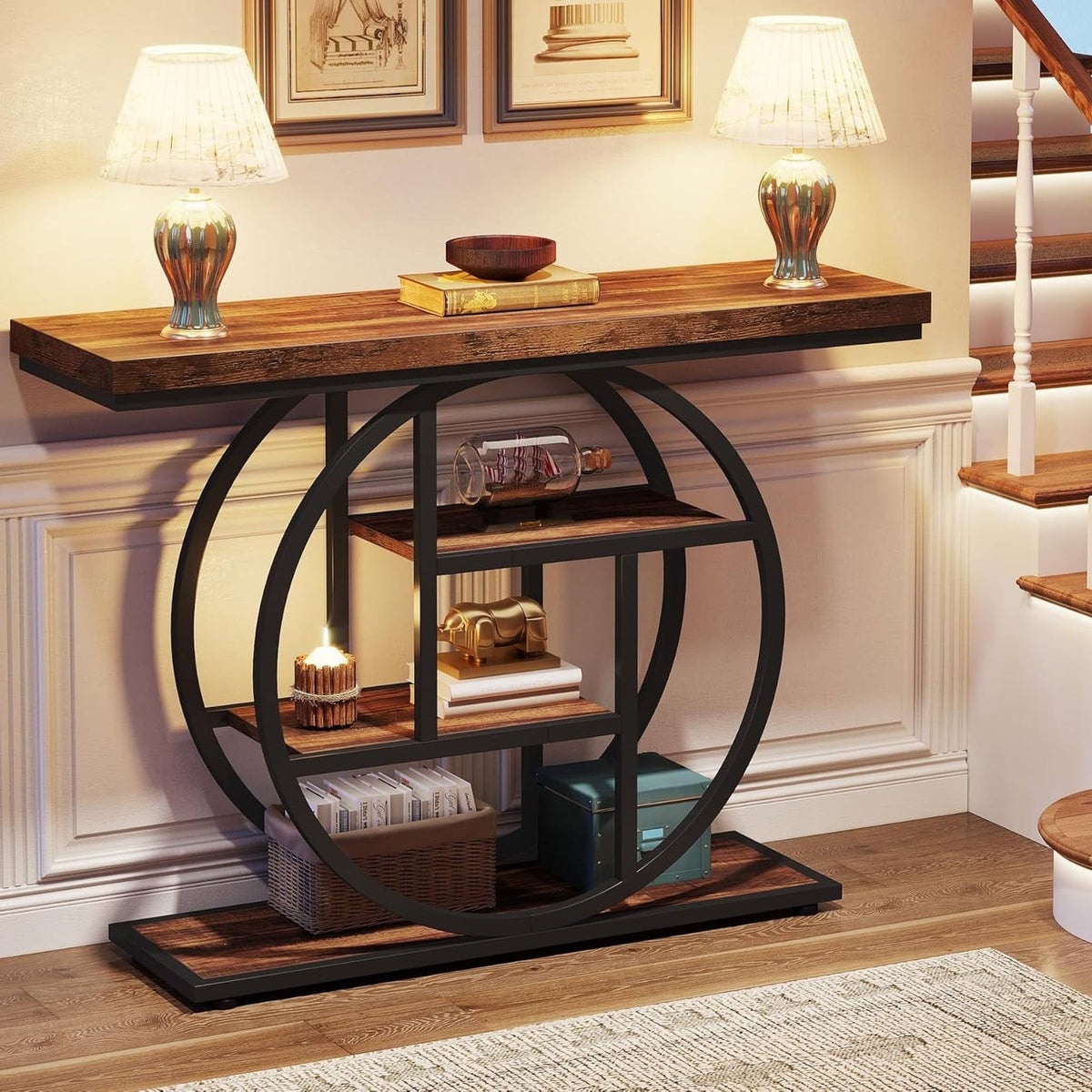 Modern Industrial Entryway Console Table with Shelves