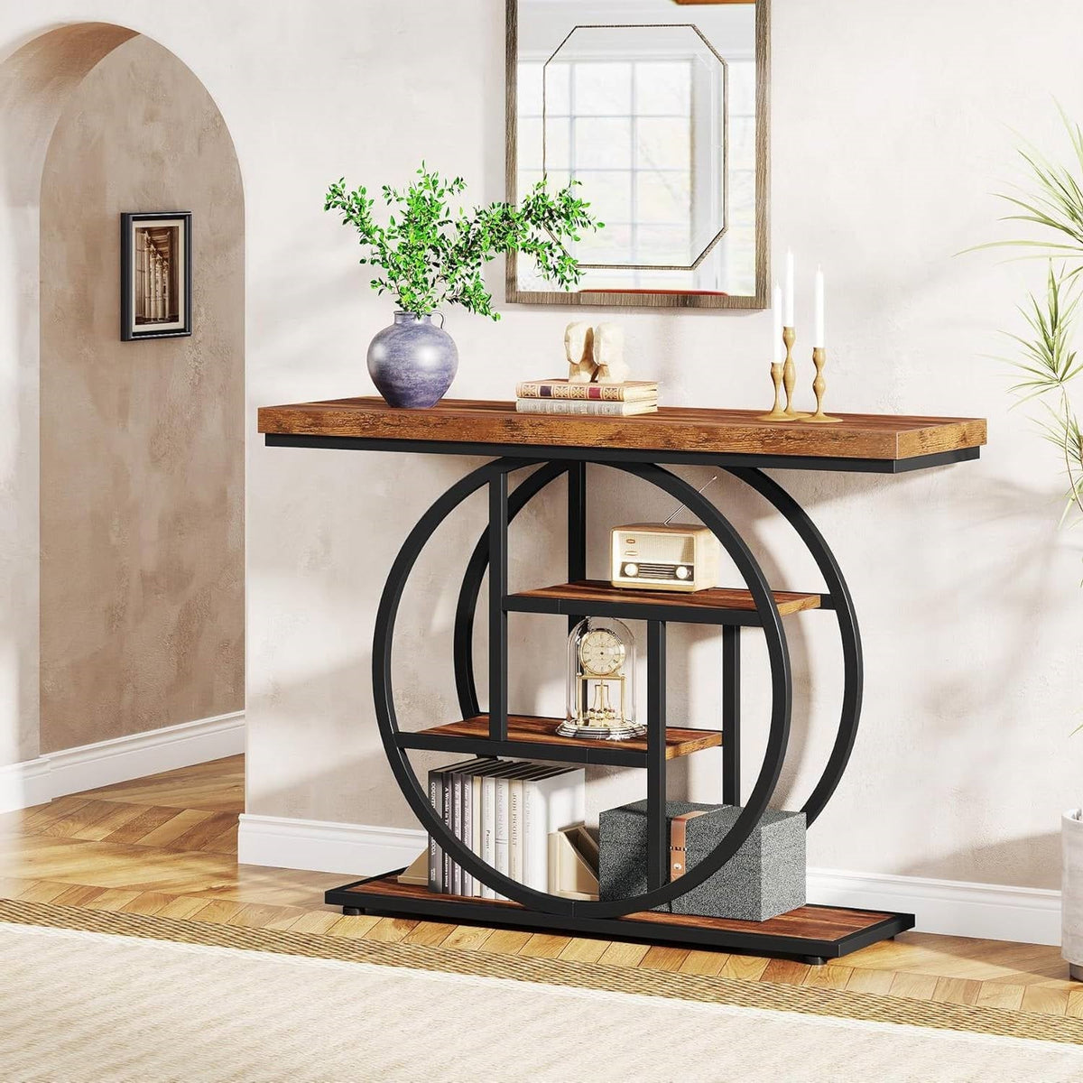 Modern Industrial Entryway Console Table with Shelves