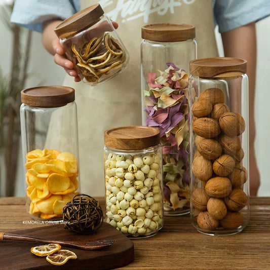 Wood Lid Glass Airtight Canister