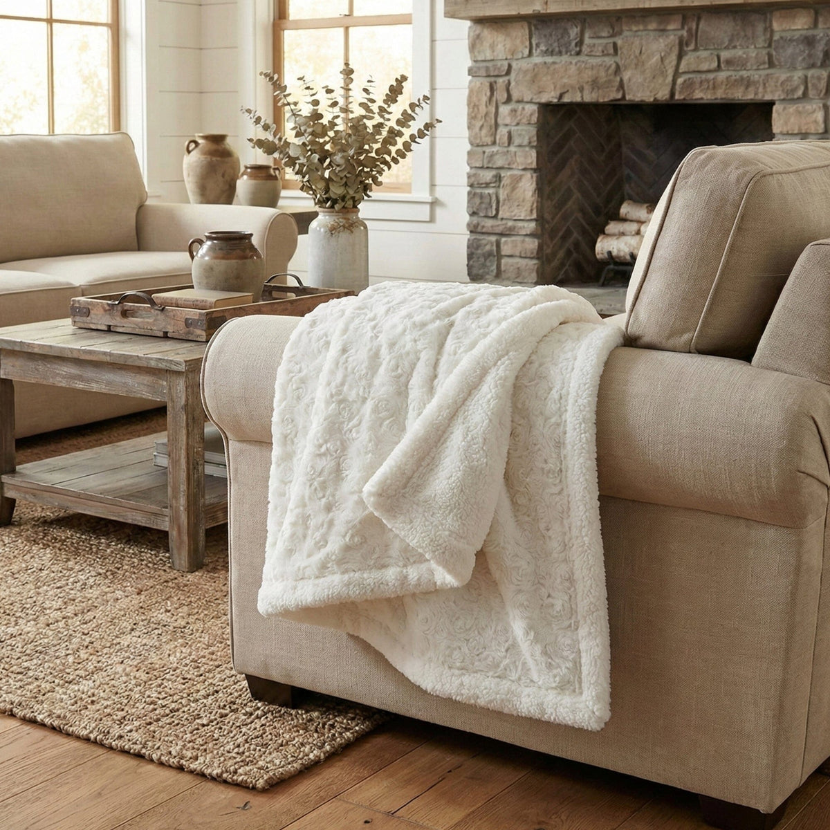 White Roses Faux Fur Sherpa Throw Blanket