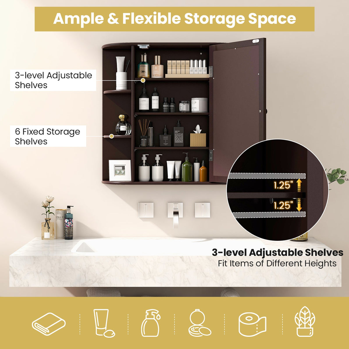 Bathroom Mirror Cabinet with Storage Shelves