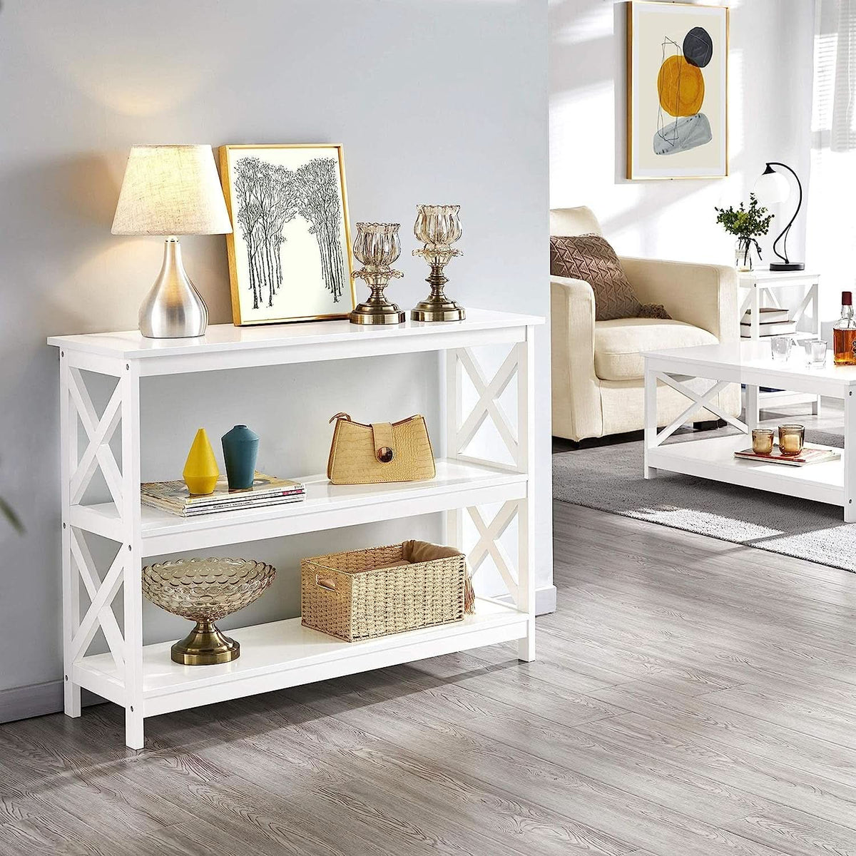 White 3-Tier Console Table with Storage Shelves
