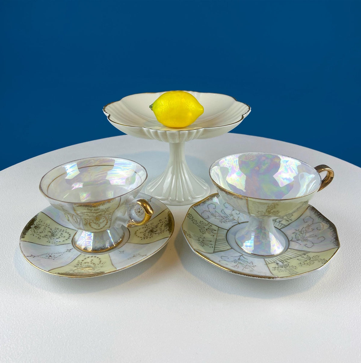 Vintage Pearlescent Tea Cups & Saucers