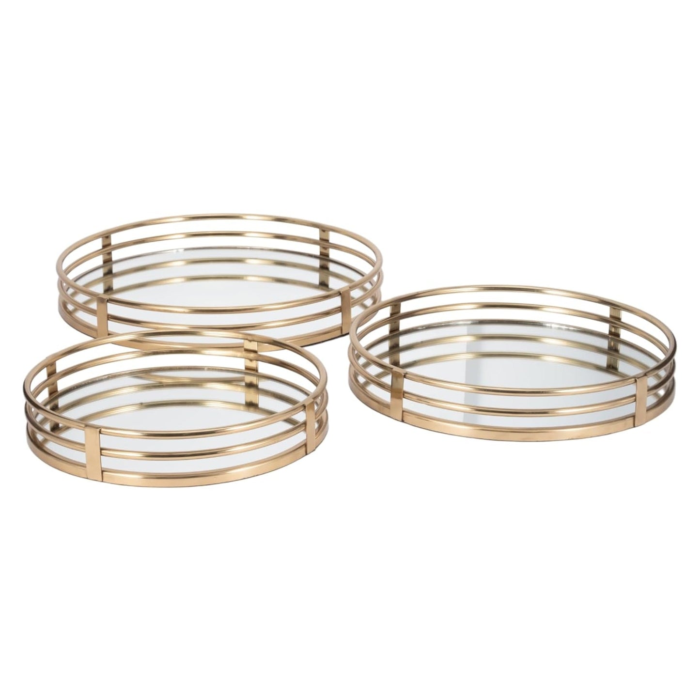 Round Mirrored Trays with Gold Metal Frame